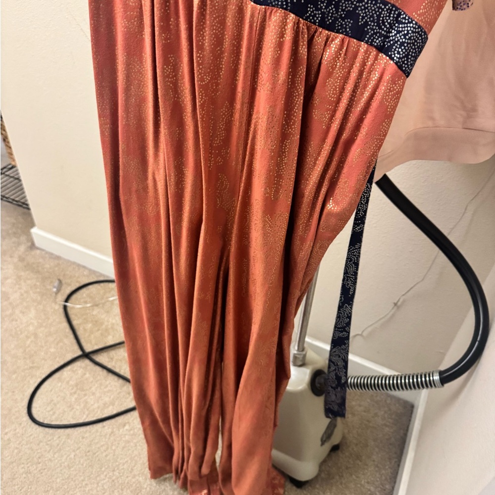 Anthropologie Navy and Gold Embroidered Dress